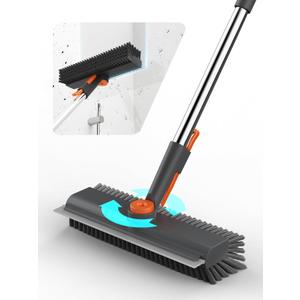 Floor Scrub Brush with Long Handle, 3 in 1 Multi-angle Swivel Right Angled Bristle Floor Scrubber Brush with Squeegee and Tweezer for Cleaning Tile Wall Deck Bathroom Patio Garage Kitchen (Grey)