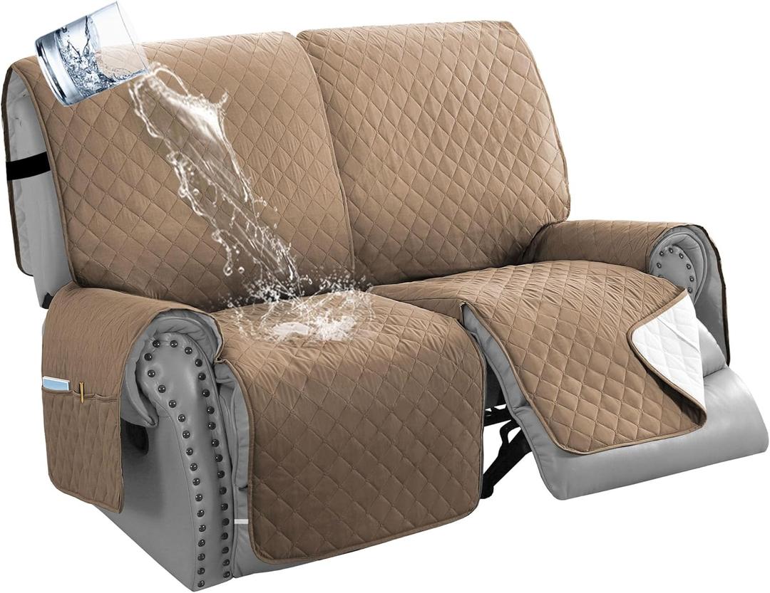 H.VERSAILTEX 100% Waterproof Loveseat Recliner Sofa Cover Thick Soft Reclining Couch Cover with Adjustable Strap 2-Piece Furniture Protector for Dog Pet Washable(Recliner Loveseat, French Oak)