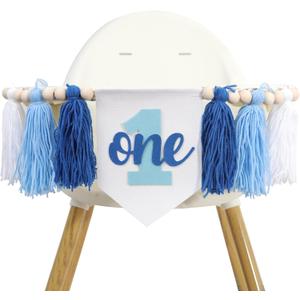 Blue Tassel 1st Birthday High Chair Banner - First Birthday Decorations For Boys,Cake Smash Party Highchair Banner,Blue Yarn Tassel Garland Photo Prop