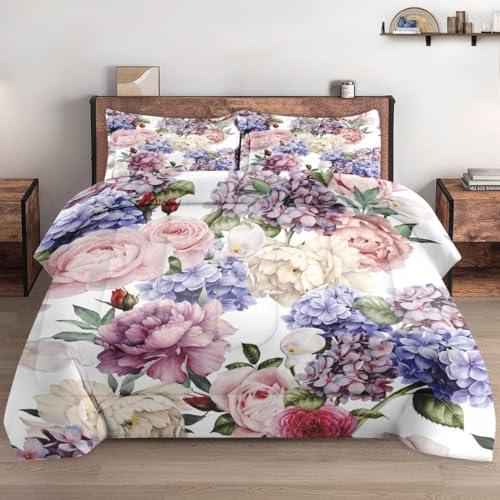 WeCozy Twin Size Comforter Set with Pillowcase, Painting Floral Rose Flower Hydrangea Soft 2 Pcs Bedding for Kids and Adults Bedroom Bed Decor