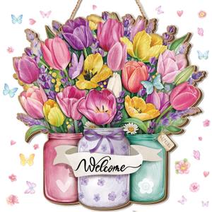 Spring Door Decor for Home 11.8 x 11.4 Inch Spring Welcome Door Sign Fresh Flower Style Welcome Wooden Sign Wooden Hanging Wall Decor for Porch Farmhouse Outdoor