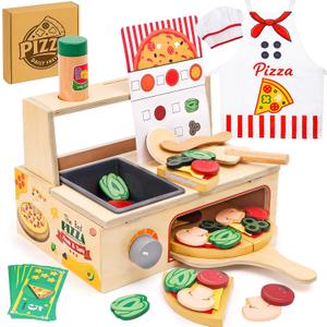 Wooden Pizza Toy, Montessori Pretend Play Toys, Wooden Pizza Counter Playset, Play Food and Accessories, Cooking Pretend Play Toys for Boys Girls Age 3+