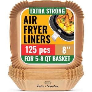 Air Fryer Paper Liners, 125Pcs Air Fryer Disposable Liners, Non-Stick and Oil Proof for Easy Cleanup, 8” Square for 5-8 qt Basket by Baker's Signature