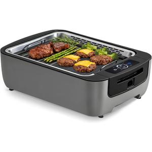 Smokeless Indoor Grill, Amornest Electric Indoor Grill 1100W for Korean BBQ with Dual Turbo Smoke Extractor, LED Smart Display & Dual-Zone Nonstick Grills Plate, 6-Level Temp Control, Dishwasher Safe