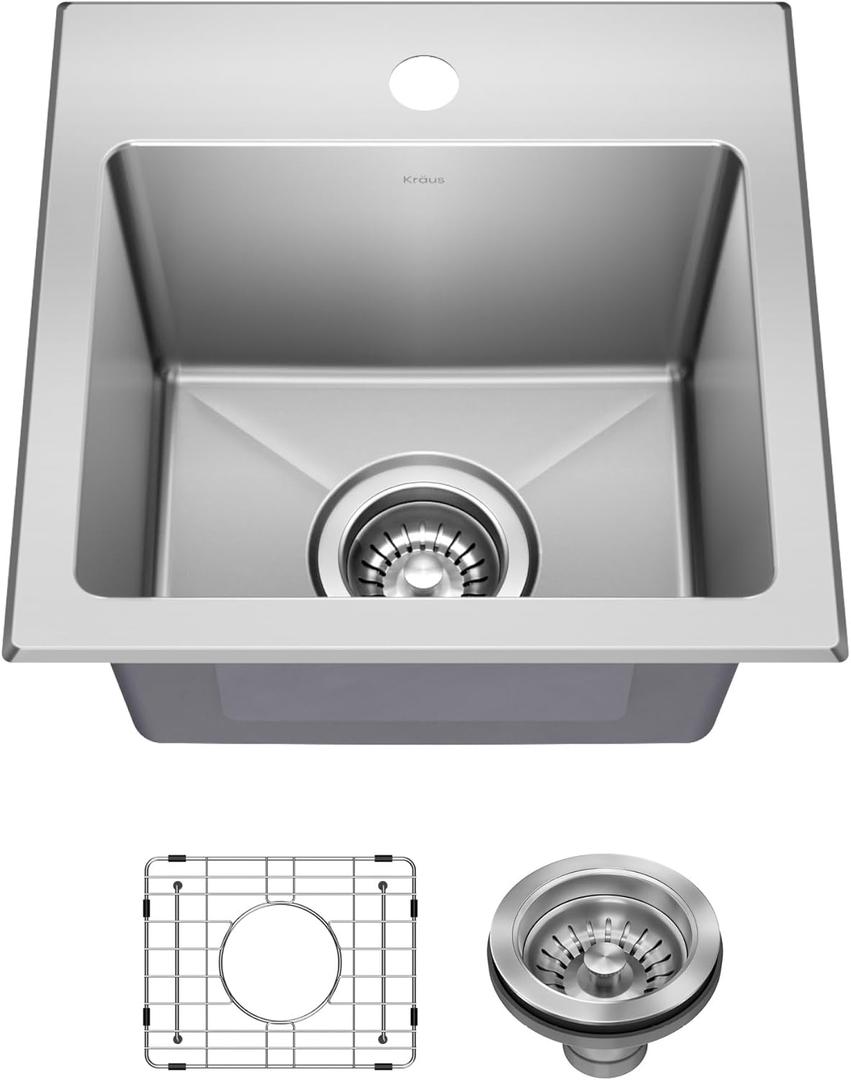 KRAUS Fairlane 15-inch Drop In/Top Mount Single Bowl 18-Gauge Stainless Steel Kitchen Bar Sink, KHT631-15