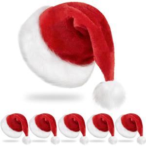 RJVW 6Pcs Santa Hats Christmas Hats: Xmas Holiday Hat for Adults, Unisex Velvet Classic Santa Hat for Xmas New Year