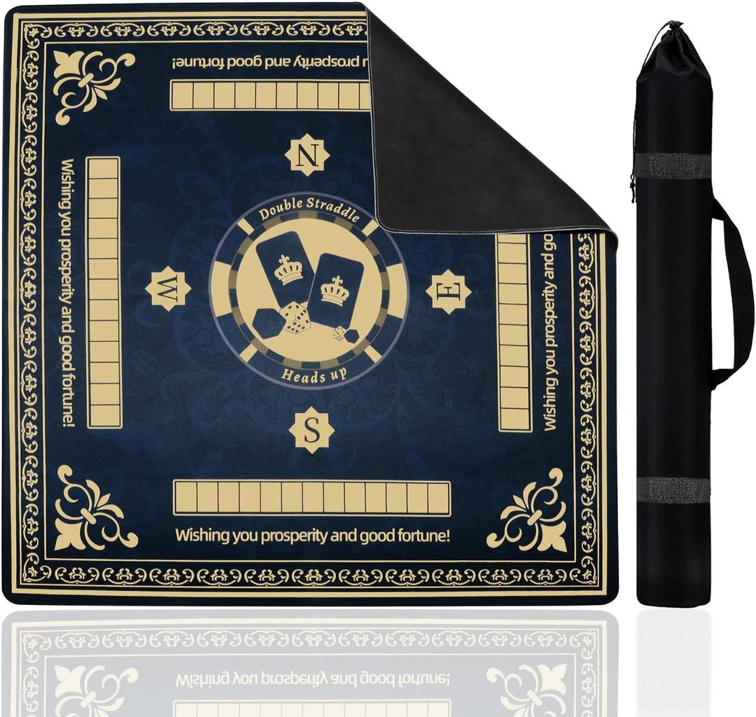 Upgraded Navy Blue & Gold Mahjong Mat 31.5x31.5 Inch - Non-Slip Rubber, Waterproof, Noise Reducing Table Cover for American & Chinese Mahjong, D20 Dice, Poker, Board Games with Carry Bag