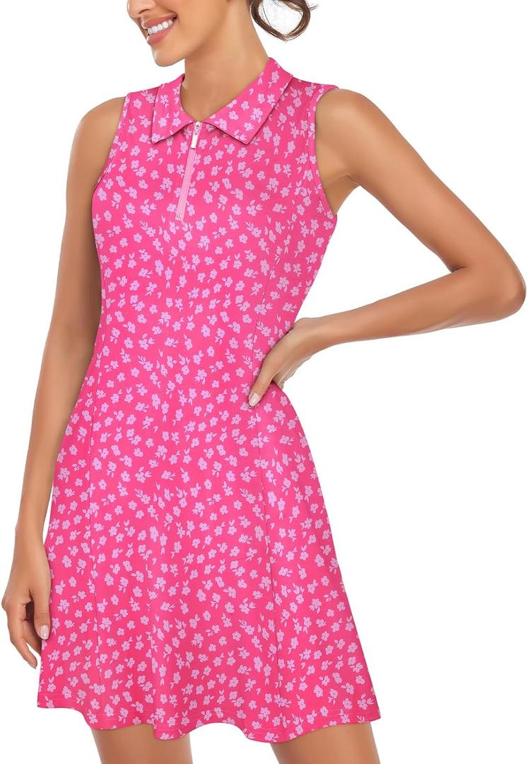 Cucuchy Style Womens Polo Tennis Golf Dresses with Shorts Sleeveless Zip Up Athletic Dress (Pink, L)