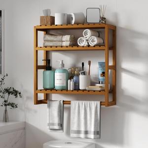 Galood Over The Toilet Storage Bathroom Shelves Wall Mounted 3 Tier Space Saver Corner Shelf Organizer Bamboo Towel Rack Toilet Paper Cabinet with Hanging Rod Brown (Large)