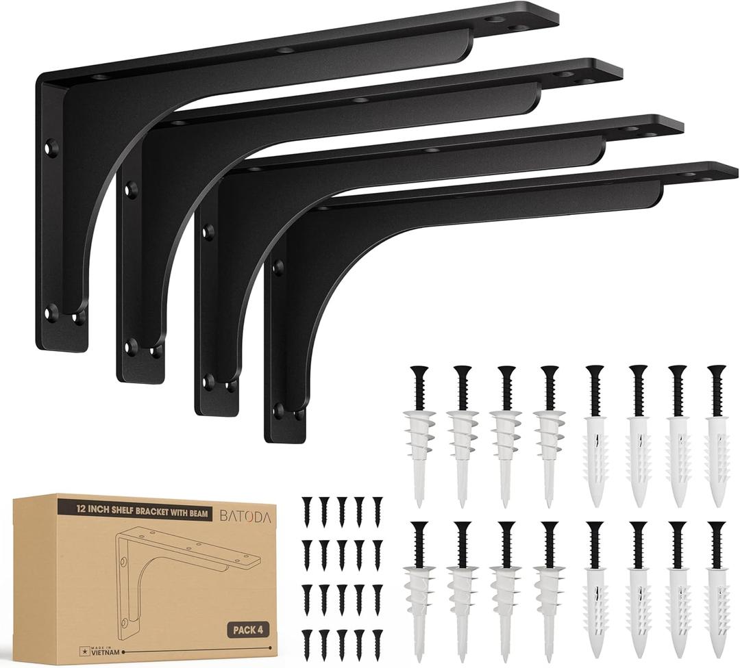 BATODA 12" x 6" L Bracket with Beam - Shelf Brackets Black 300 Lbs Capacity - Heavy Duty Shelving Brackets for Floating Shelves - Wall Mounted Support for DIY Mounting Hardware Included (Pack 4)