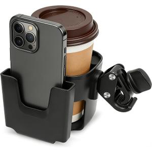 Universal Big Size 2-in-1 Cup & Phone Holder for Stroller Walker Wheelchair, Adjustable Clip On Attachment for Bike Scooter Rollator, Compatible with Nuna Uppababy Graco Doona Baby Travel Gear