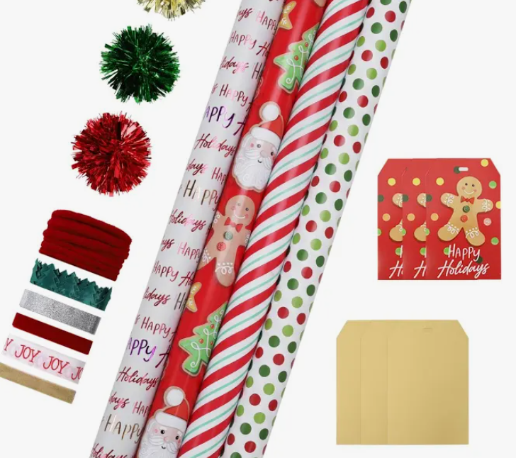LaRibbons Christmas Wrapping Paper Sets, Gingerbread Man & Polka Dot & Stripes Design with Ribbons & Gift Tags & Metallic Pom Pom for Christmas, Holiday, 30Inch × 10Feet（ 4 Rolls: 100 Sq.Ft.Ttl）