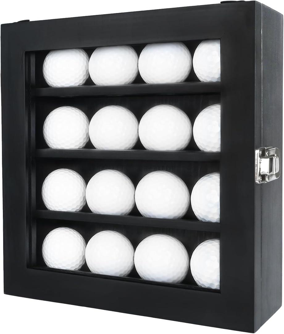 Golf Ball Display Case Golf Ball Holder with 16 Stands for Wall Mount Display Clear Glass Door and Lock for Golfball Collection and Memorabilia Storage Gift for Golf Ball Collector