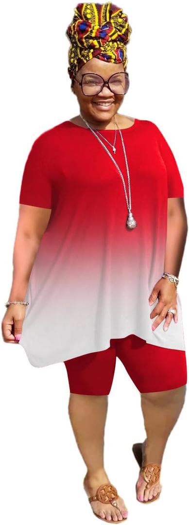 YeGine Women Plus Size 2 Piece Outfits Casual Short Sleeve Tunic Tops Shorts Sets Summer Oversized Tshirts Shorts Sweatsuits (Red, 5XL)