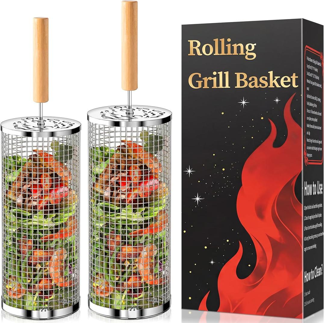 Rolling Grill Basket, Fathers Day Gifts for Dad Husband, Removable Wooden Handle, 304 Stainless Steel, Nesting BBQ Tools for Vegetable, Outdoor Smoker Camping Accessories, Grill Gift for Men Birthday