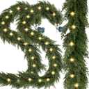 6.2 FT Prelit Christmas Cedar Garland 2 PCS, Realistic Artificial Pine Needle Faux Cypress Greenery with 20 Lights for Christmas Table Mantle Wall Room Outdoor Indoor Winter Decoration