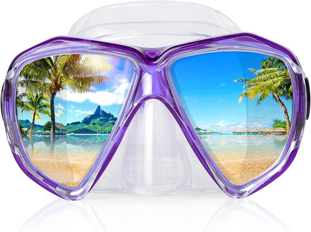 Snorkel Diving Mask Panoramic HD Swim Mask, Anti-Fog Scuba Diving Goggles,Tempered Glass Dive Mask Adult Youth Swim Goggles with Nose Cover for Diving, Snorkeling, Swimming (Clear Purple)