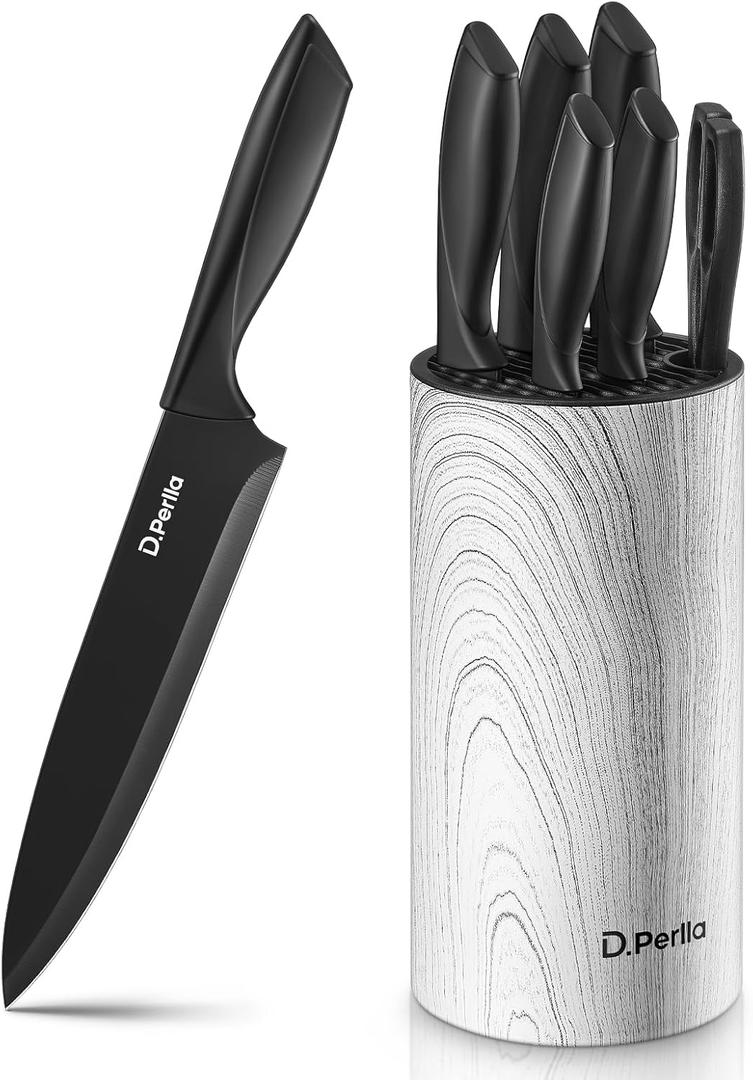 Knife Set, D.Perlla 6-Piece Kitchen Knife Set for Home, Non-stick Black Coating Stainless Steel Sharp Chef Knife Set with Universal Knife Block for Kitchen, for Easy Cleaning and Drying