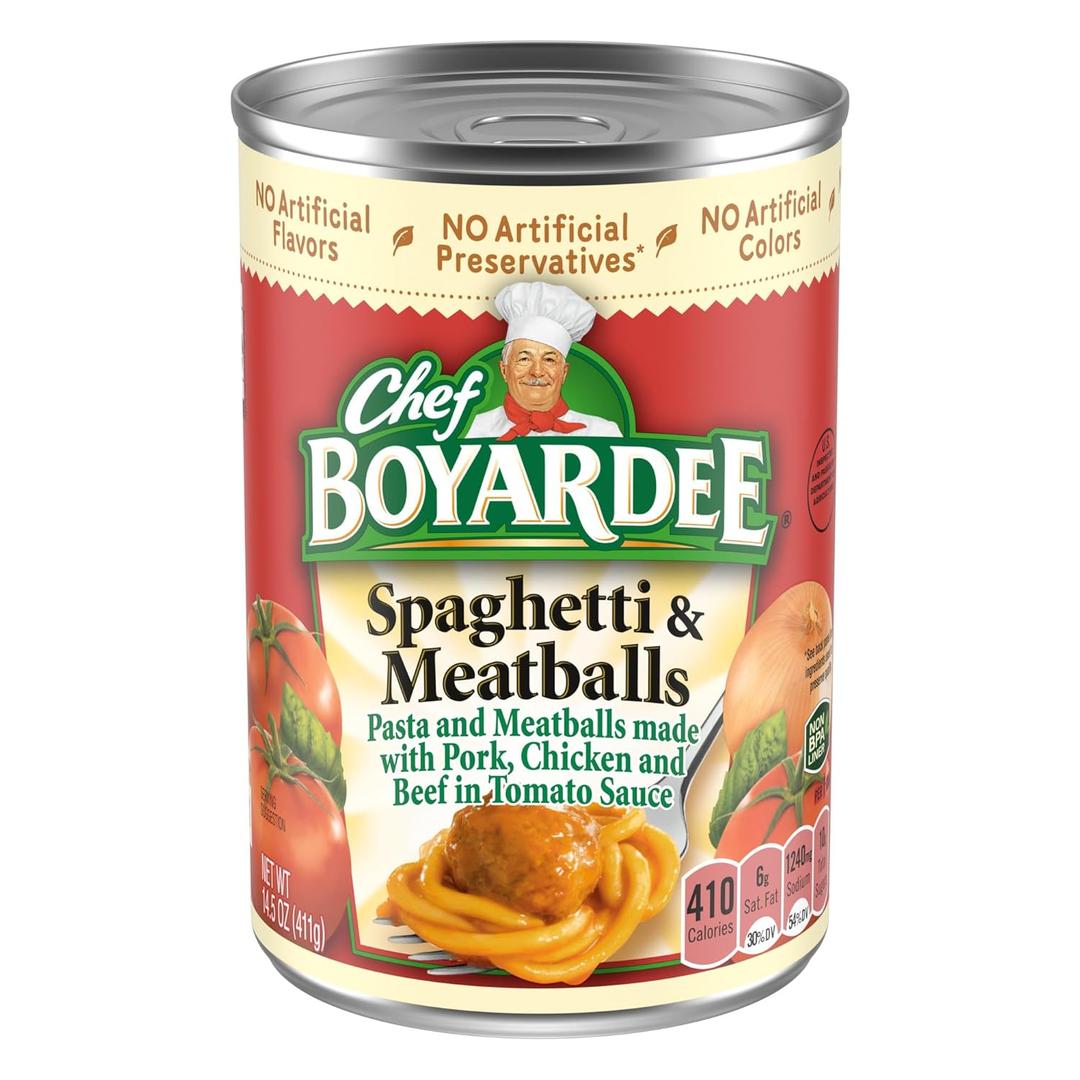 Spaghetti Meatballs 2 Pack, Mini Beef Ravioli 2 Pack, Pizza Sauce 1 Pack, Soup 1 Pack ,Tomato Sauce 1 Pack, Popping Corn 1 Pack Mac And Cheese 1 Pack BB June 2027