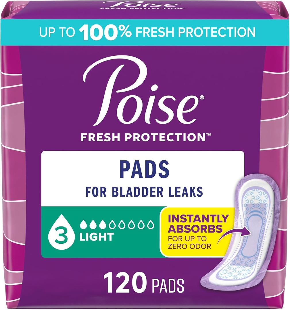 Poise Incontinence Pads & Postpartum Incontinence Pads, 3 Drop Light Absorbency, Regular Length, 120 Count (4 Packs of 30)