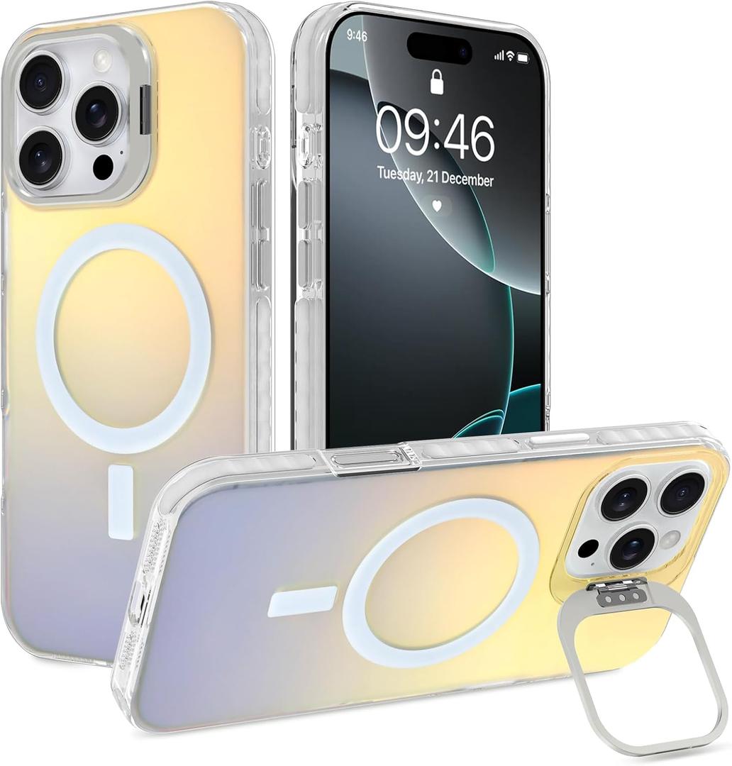 Cute Case for iPhone 16 Pro Case with Stand for Women Girls Men [Compatible with Magsafe] Aesthetic Glitter Sparkly Bling Magnetic Phone Cover with Camera Lens Kickstand, Iridescent White