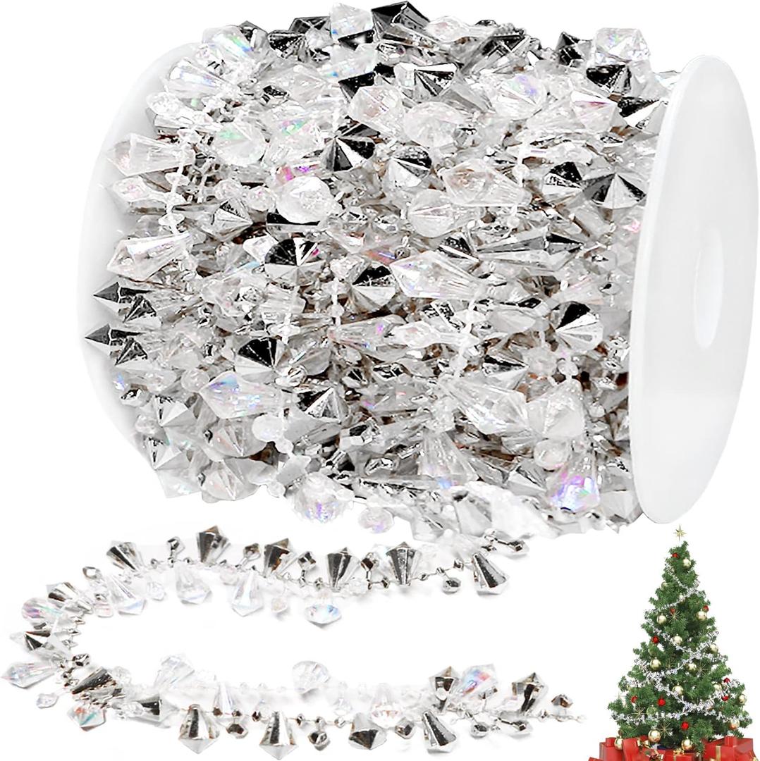 Jishi 16ft Christmas Garland Christmas Tree Silver Bead Decor, Clear Iridescent Silver Bead Garland Twist Bead String for Christmas Tree Decoration, Rustic Crystal Garland Ornaments Home Decorations