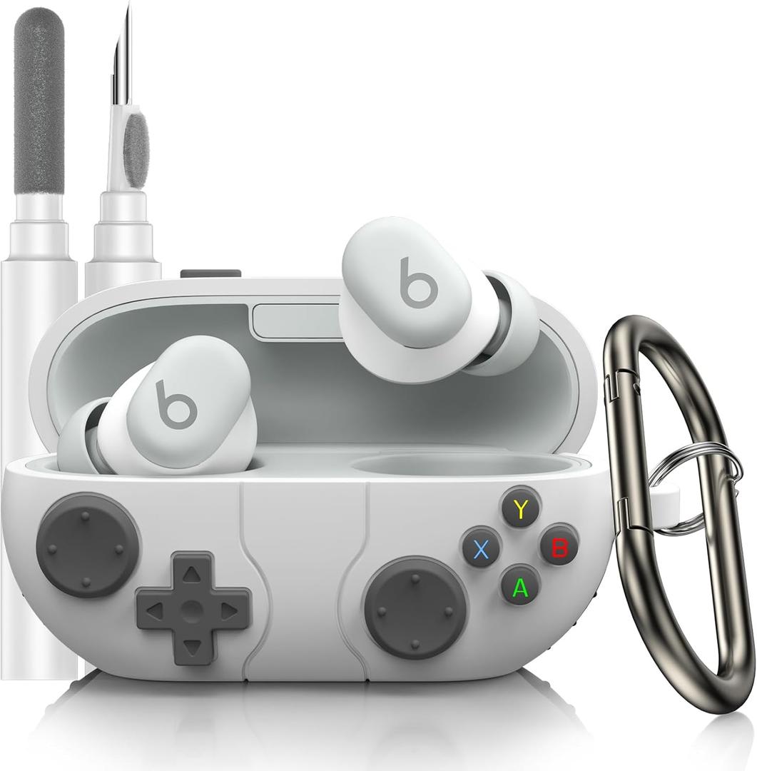Compatible with Beats Solo Buds Case Cover, Funny Cartoon Game Console Design Protective Case for Beats Solo Buds Wireless Earbuds, with Carabiner (Light Gray)