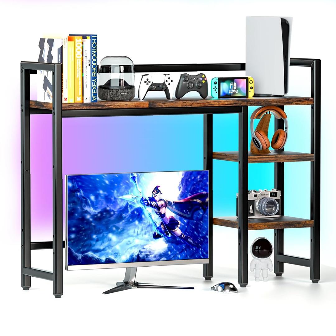Desktop Organizer Shelf, 38.5" Desk Hutch with RGB Light Strip - 16 Colors & Music Sync, 4-Tier Display Shelf Rack for Monitor, Desktop Bookshelf Storage, Wood Desk Shelf for Gaming & Home Office Dorm