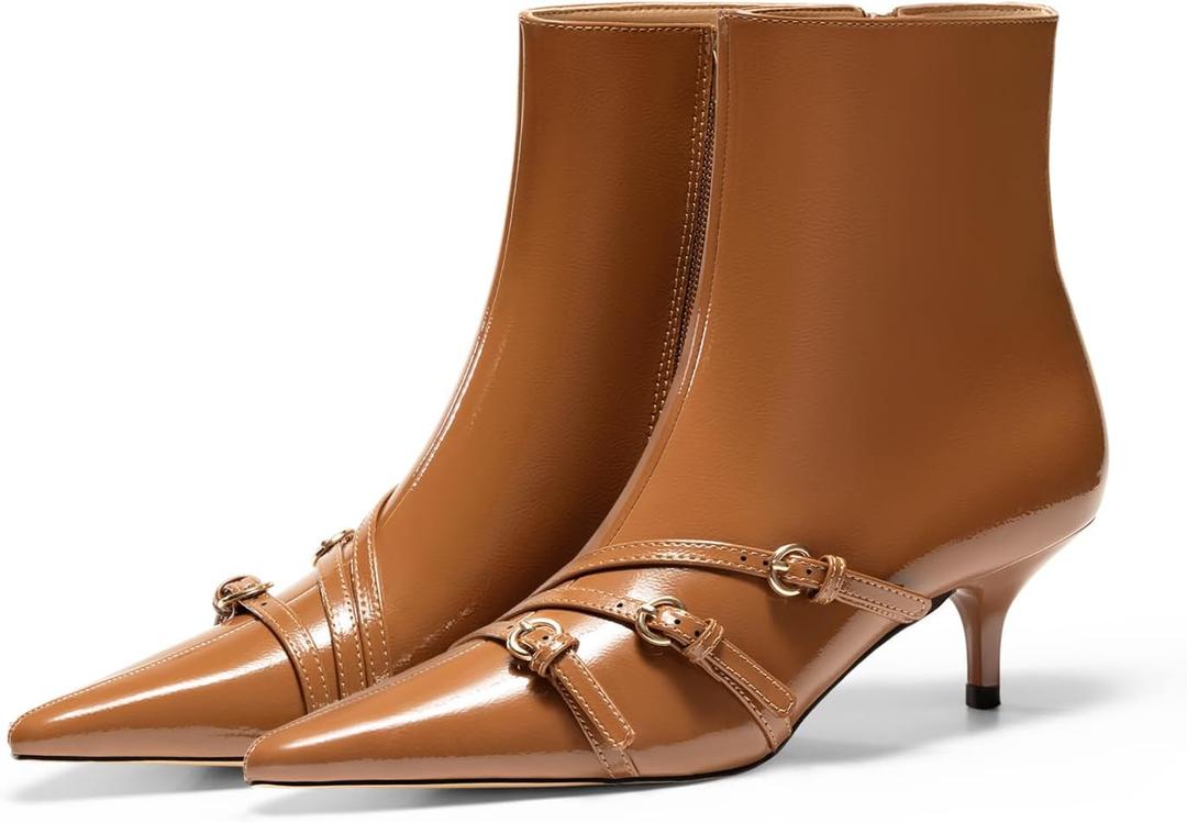 Coutgo Womens Buckle Strap Ankle Booties Kitten Low Heel Pointed Toe Y2K Boots Side Zipper Fall Shoes (8, Brown)