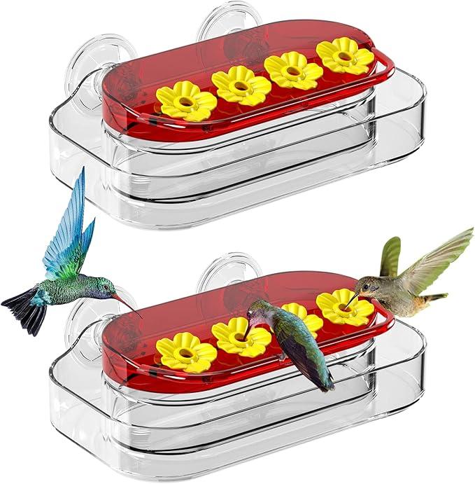 Redboat 2 Pack Window Hummingbird Feeder, Strong Suction Cup Hummingbird Feeder with 4 Feeding Ports, Easy to Clean and Refill Plastic Humming Bird Feeder, 10oz