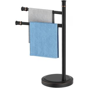 16 Inch Oil Rubbed Bronze Stand Towel Bar Free Standing Hand Towel Holder for Bathroom, 2 Swivel Arms Towel Rack Towel Ring Hardware Accessories for Kitchen Vanity Countertop Stainless Steel