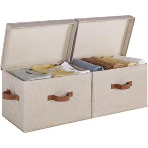 StorageWorks Fabric Storage Bins with Lid, Decorative Storage Boxes for Shelves, Stackable Closet Organizer Basket with Handles, Large, Brown and Beige, 2-Pack