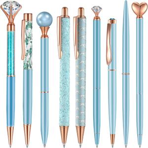 Janmini 9 Pcs Ballpoint Pens Set Metal Crystal Diamond Glitter Pens for Journaling Black Ink Pretty Cute Things Fancy Stationery Gifts for Women Girls Birthday Home Office Desk(Blue)