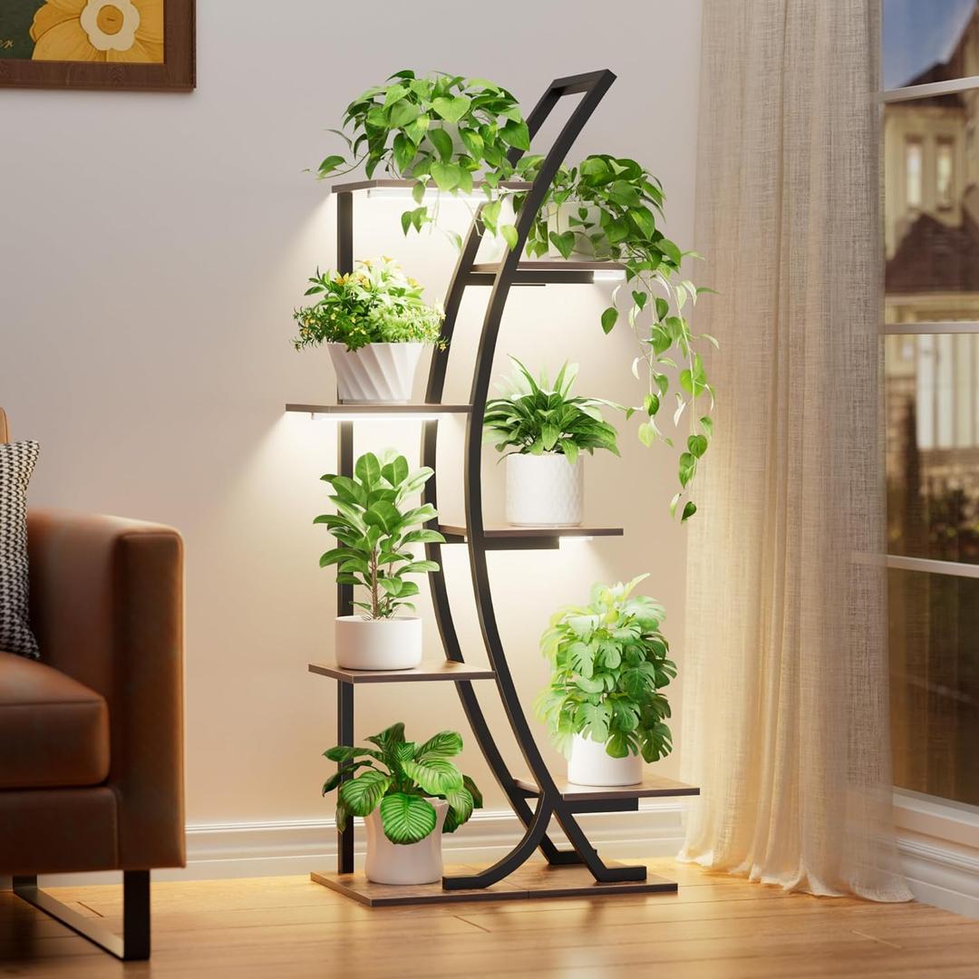 JUSTOGO Plant Stand Indoor with Grow Lights, 47" 7-Tier Corner Plant Shelf Rack, Multi-Pot Holder Display Stand for Plants, Flowers - Garden, Patio, Living Room Decor, Black