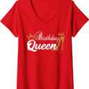 Womens Birthday Queen Happy Birthday Party Funny Shirt Gifts V-Neck T-Shirt (Red, S)