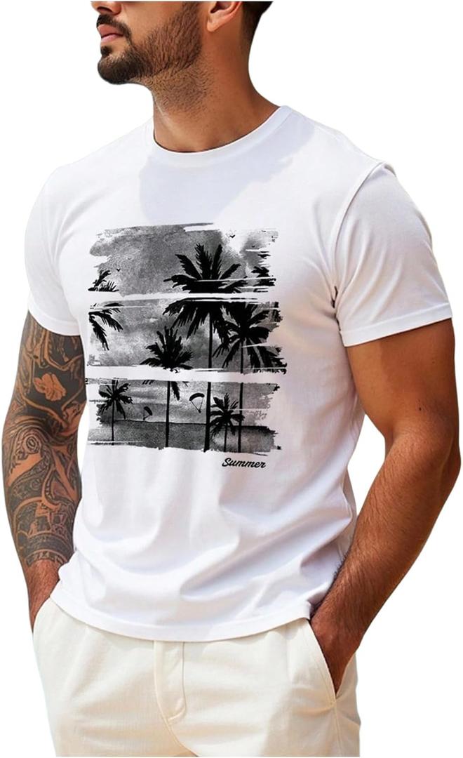 OYOANGLE Mens Palm Tree Print Short Sleeve Graphic T Shirt Hawaiian Summer Beach T-Shirt (White, L)