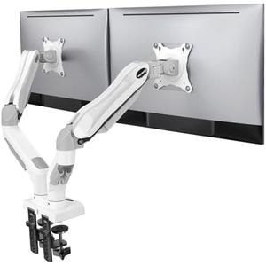 HUANUO Dual Monitor Stand - Full Adjustable Monitor Desk Mount Swivel Vesa Bracket with C Clamp, Grommet Mounting Base for 13 to 32 Inch Computer Screens - Each Arm Holds 4.4 to 19.8lbs - White