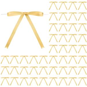 Riceshoot Gold 50 Pcs Stain Ribbon Bows 5x7 Inch Twist Tie Bows for Gift Wrapping Cake Treat Bags Craft DIY Gift Wedding Baby Shower Birthday Party Decorations