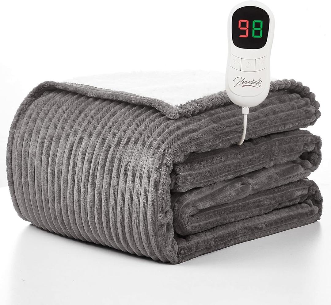 Homemate Heated Blanket Electric Throw - 50"x60" Heating Blanket Throw 1/2/4/6/8 Hours Auto-Off 10 Heat Levels Over-Heat Protection Soft Flannel Sherpa Heater ETL Certification (Light Grey (Striped))