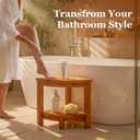 HOMESTEAD Teak Shower Stool with 2 Tier Storage Shelf, Compact Corner Shower Bench for Inside Shower, Bathroom Seat with Soap Holder, Shower Foot Rest and Shower Stool for Shaving Legs