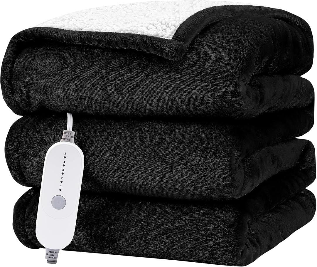 HYLEORY Heated Electric Blanket Full 72"x84" Soft Fleece & Flannel with 5 Heating Levels & 10 Hours Timer Auto Shutt Off, ETL Certified, WashableHeated Blanket for Body, Black