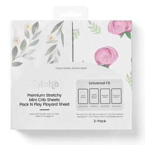 TotAha Premium Stretchy Pack N Play Playard Sheets | Mini Crib Sheets (2-Pack) -Hypoallergenic, Silky Comfort, Buttery Soft, Calming Effect, All-Season Jersey-Knit (Pink Buds & Green Leaves)