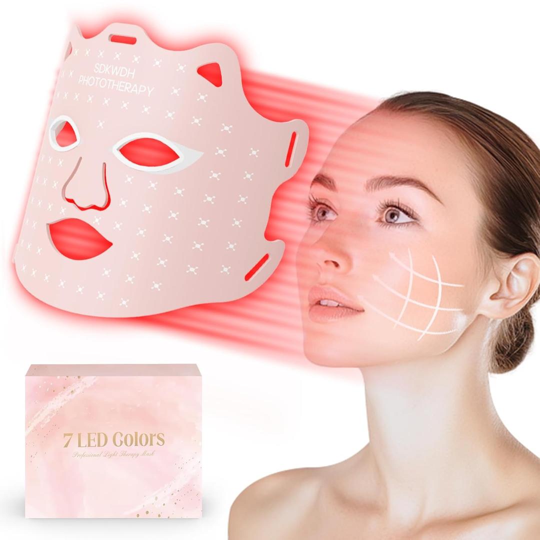 SDKWDH Red Light Therapy for Face, 7 Colors LED Face Mask Light Therapy At Home, Led Face Mask Light Therapy, Pink