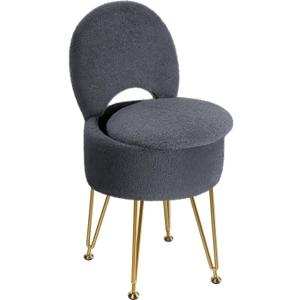 GREENSTELL Small Vanity Stool Chair with Storage and Folding Back, 13" x 13" x 17.7" Faux Fur Soft Ottoman for Teenager, 4 Metal Legs with Anti-Slip Feet, Furry Padded Seat for Makeup, Bedroom, Grey