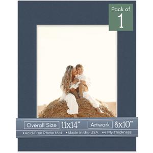 CountryArtHouse 11x14 Precut Picture Frame Mats, White Core Bevel Cut, Acid Free 4-Ply Mat Board Fits 8x10 Photos, Professional Photo Mat Inserts for Frames & Gallery Wall, Navy Blue, 1 Pack