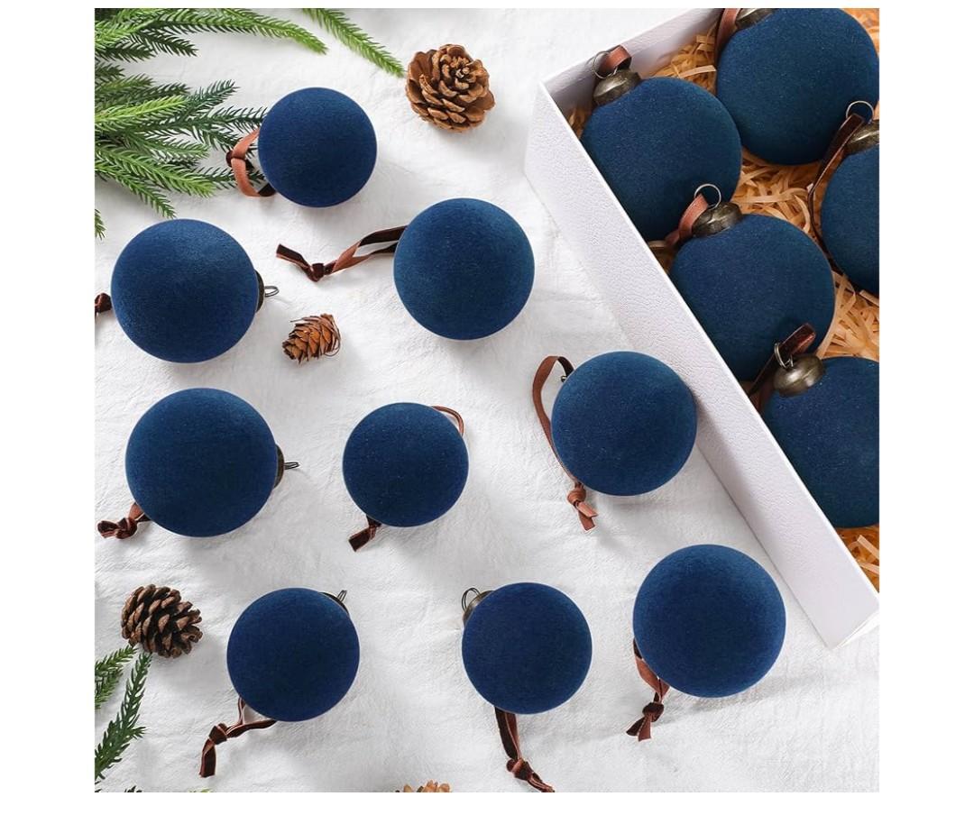 15 Pcs Velvet Christmas Balls Bulk 3.15, 2.76, 2.36 Inch, Flocked Xmas Tree Ball Ornaments Plastic Velvet Christmas Ornaments Xmas Tree Hanging Decoration(Navy Blue)
