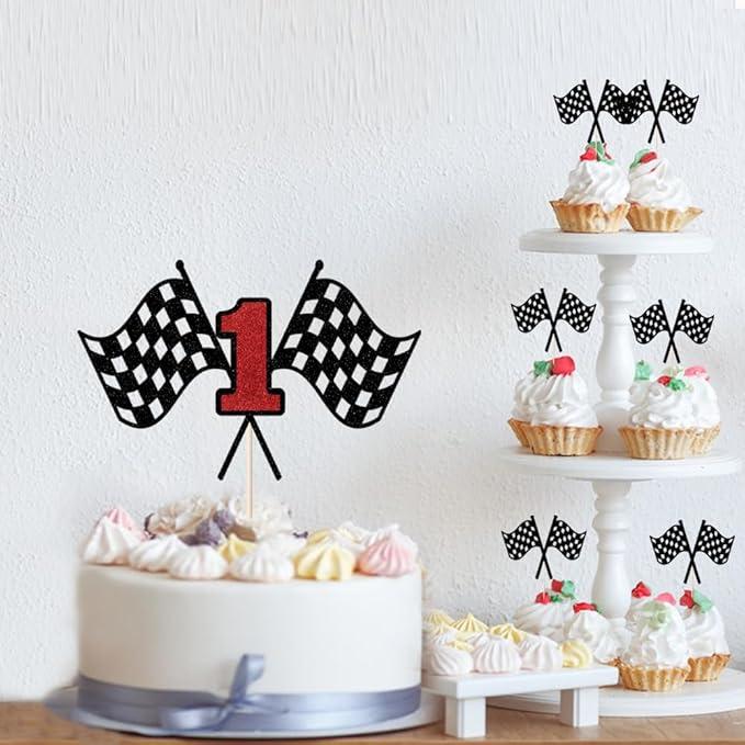 7Pcs Car 1st Birthday Cake Topper for Racing Car Checkered Flag Themed Kids Boy Girl Happy Birthday Party Supplies