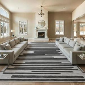 GarveeHome Beige Black 9x12 Washable Area Rug for Living Room: Modern Striped Washable Living Room Area Rug Striped Modern Non Slip Low Pile Carpet for Bedroom Soft Stain-Resistant Carpet.