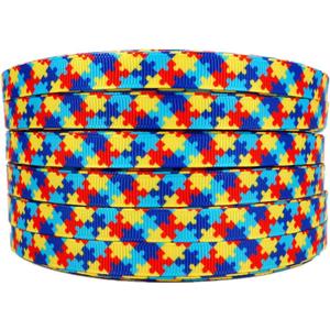 50 Yards 3/8 Inch Autism Awareness Puzzle Printed Grosgrain Ribbon Hairbows Craft Supplies