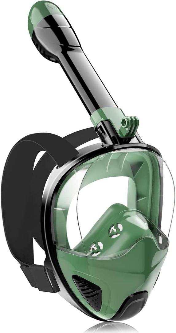 Full Face Snorkel Mask for Adults Teen, Snorkeling Gear with Detachable Camera Mount, Panoramic 180 View, Anti-Fog Anti-Leak Snorkling Set for Man and Women (Black Dark Green-S/M)
